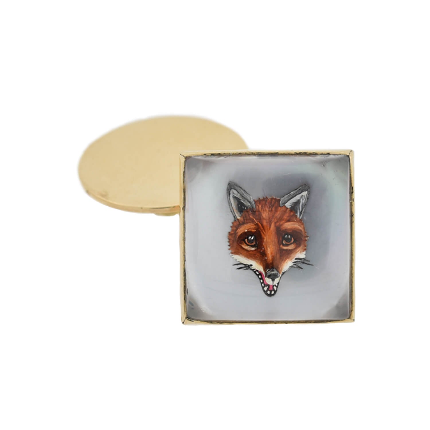 Retro 14kt Painted Reverse Carved Rock Crystal Fox Cufflinks