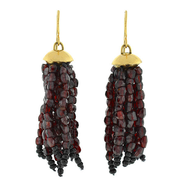 Estate 18kt Beaded Garnet Tassel Earrings