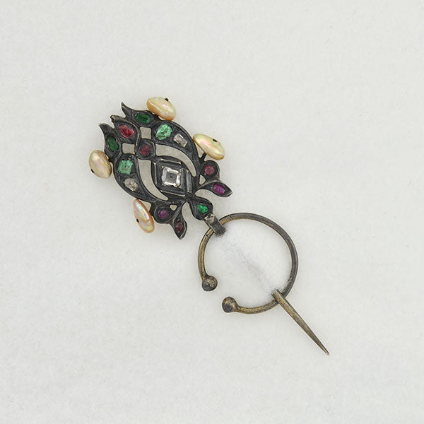 Early Victorian Rare French Silver Multi Gemstone & Pearl "Fibula" Pin