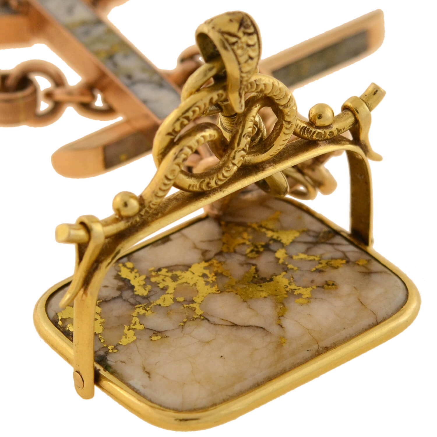 Victorian 14kt Inlaid Gold Quartz Watch Chain + Matching Spinner Fob