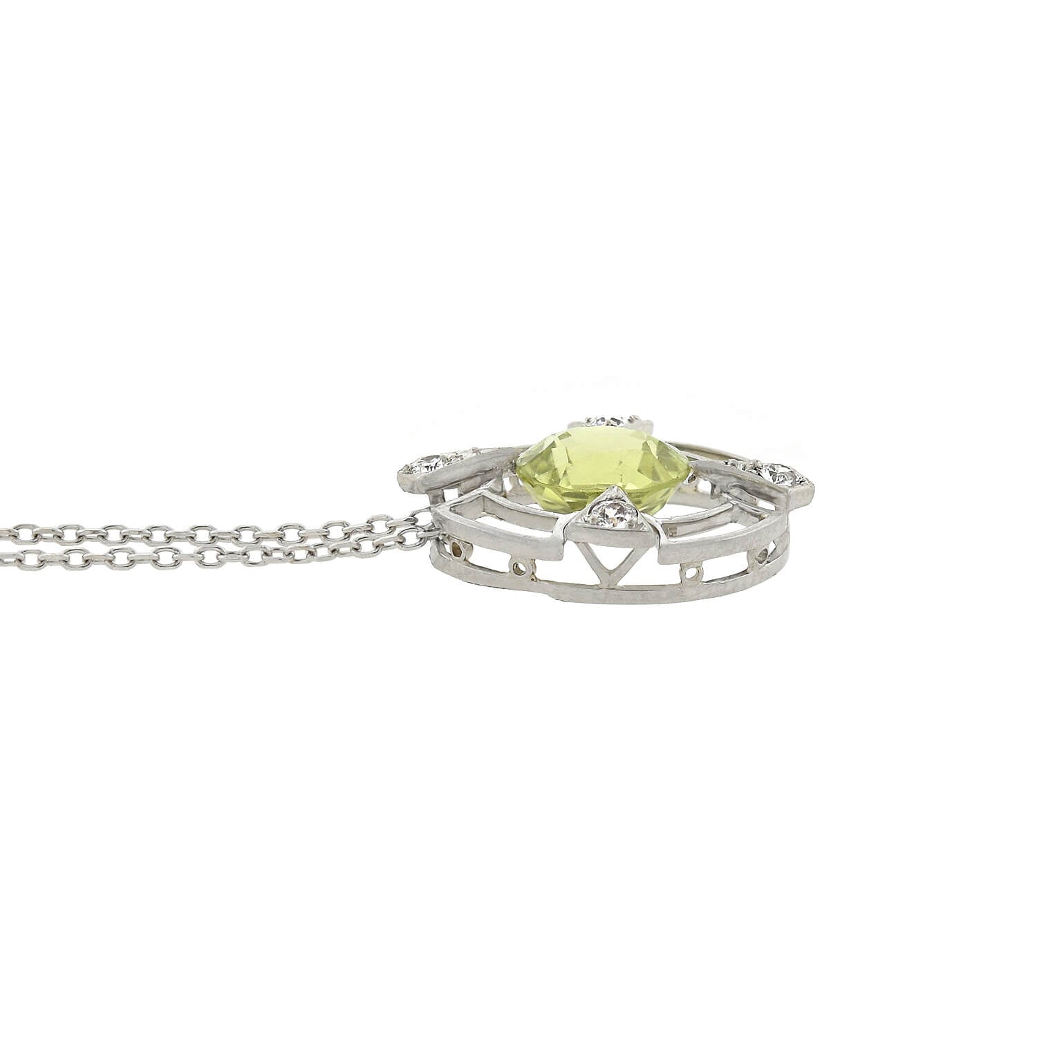 Edwardian Platinum/14kt Chrysoberyl + Diamond Pendant Necklace