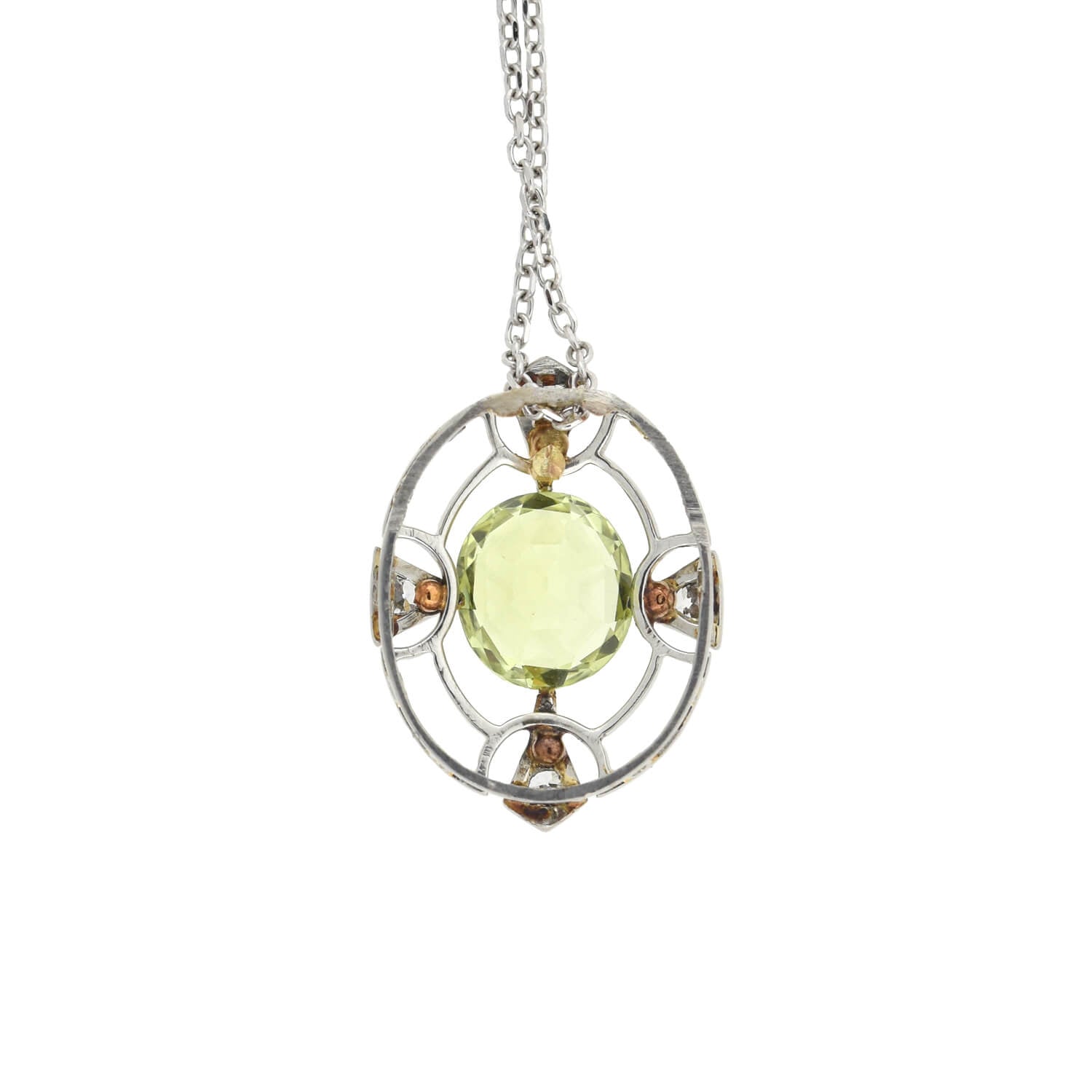 Edwardian Platinum/14kt Chrysoberyl + Diamond Pendant Necklace