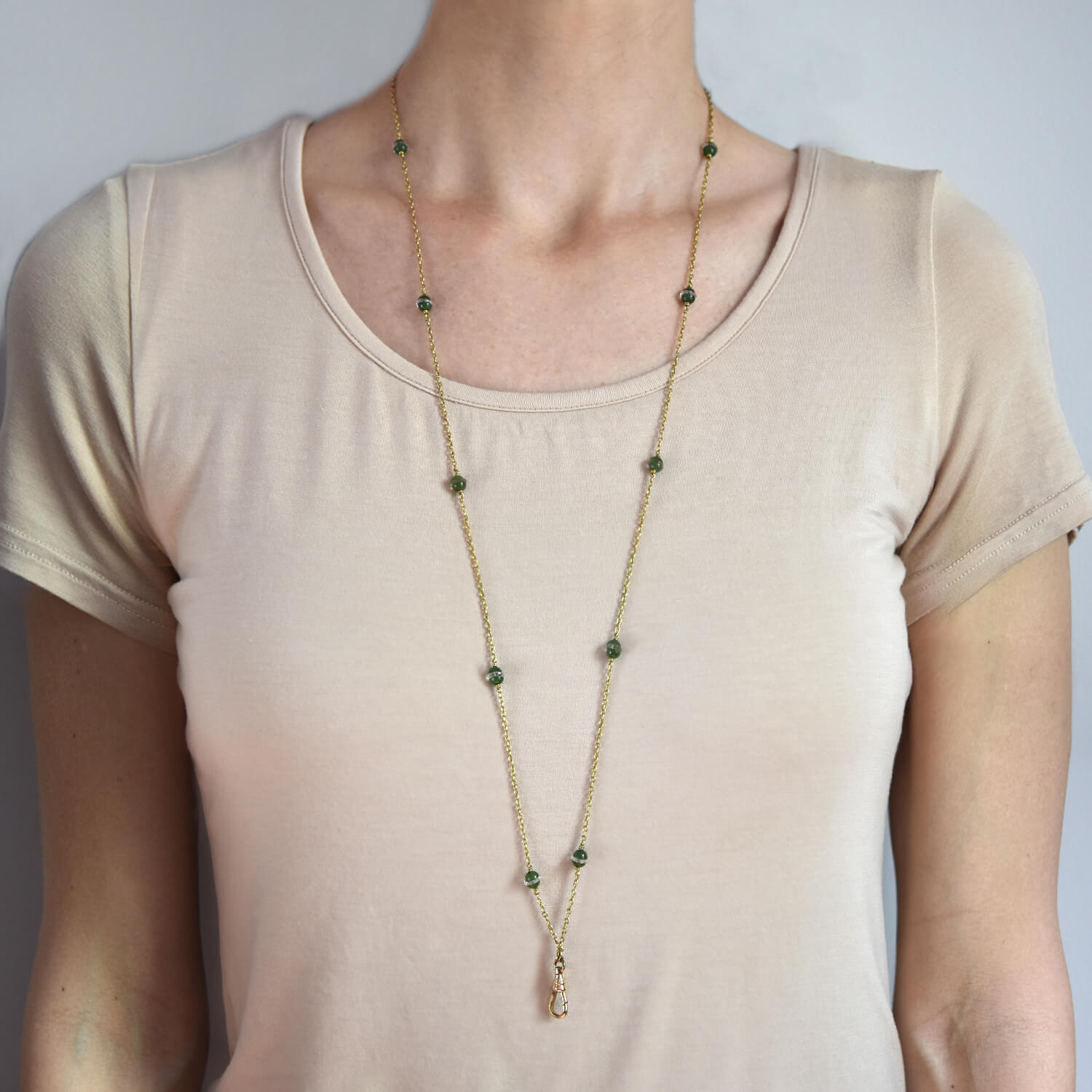 Late Victorian 14kt Rock Quartz Crystal + Jade Chain Necklace