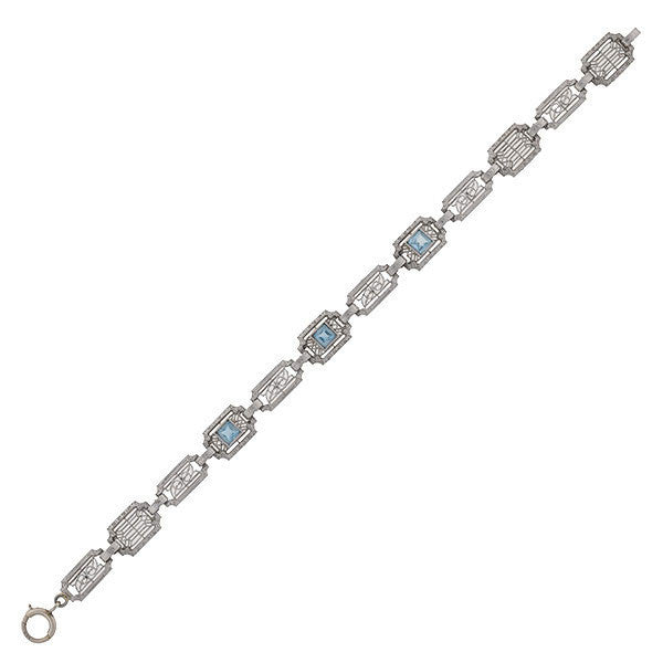 KREMENTZ Art Deco 14kt Aquamarine Filigree Link Bracelet