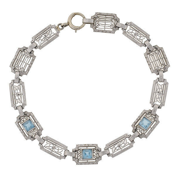 KREMENTZ Art Deco 14kt Aquamarine Filigree Link Bracelet