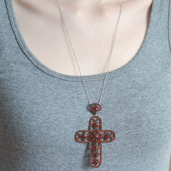 Victorian Large Brass & Bohemian Garnet Filigree Cross Pendant