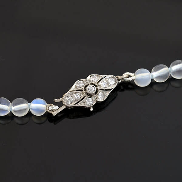 Art Nouveau Blue Moonstone Bead + Platinum Diamond Filigree Clasp Necklace 31.5"