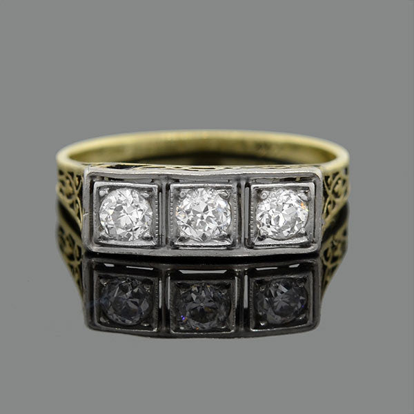 Edwardian 14kt Mixed Metals Diamond 3-Stone Filigree Ring .30ctw