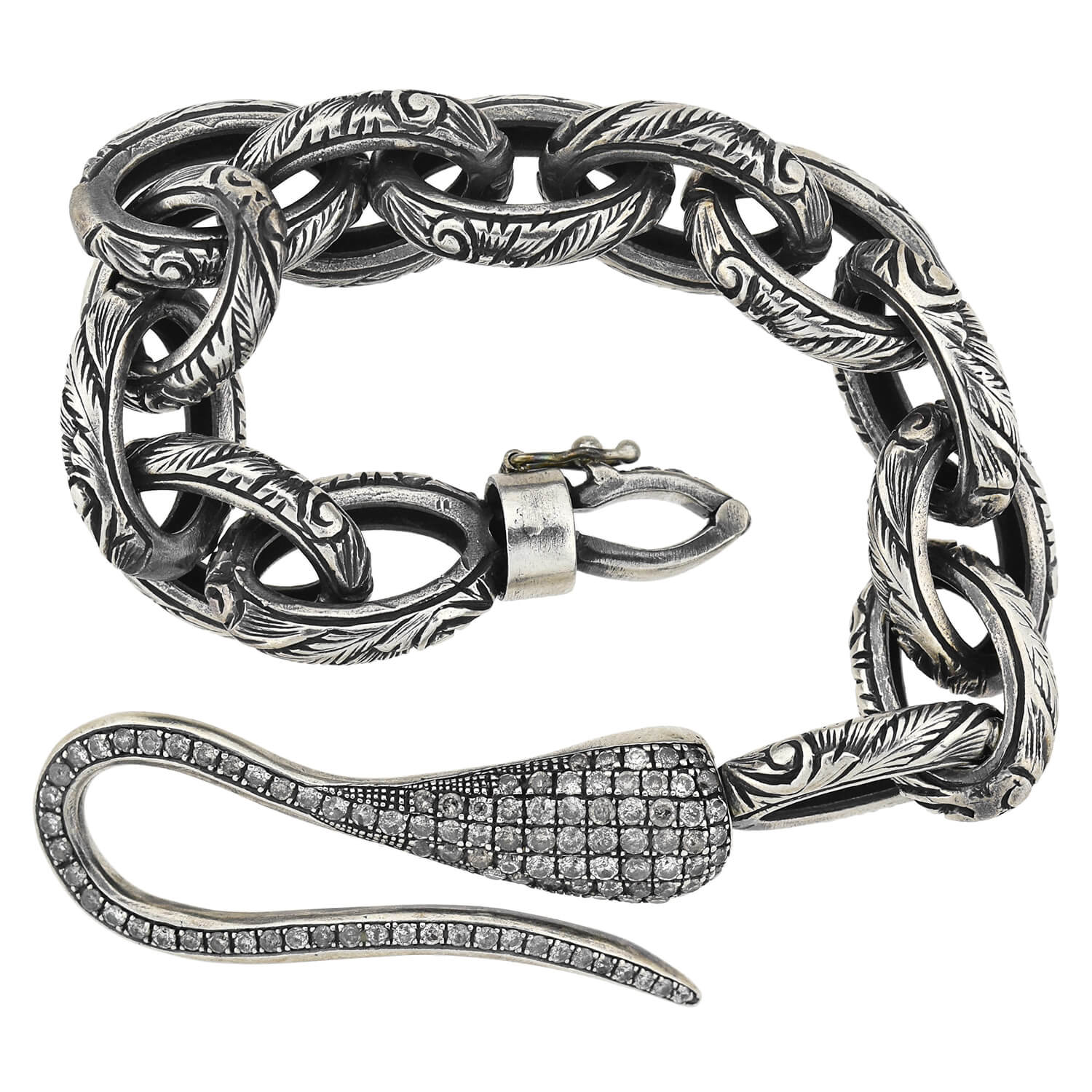 Estate Sterling Textured Link Bracelet + Diamond Hook Clasp