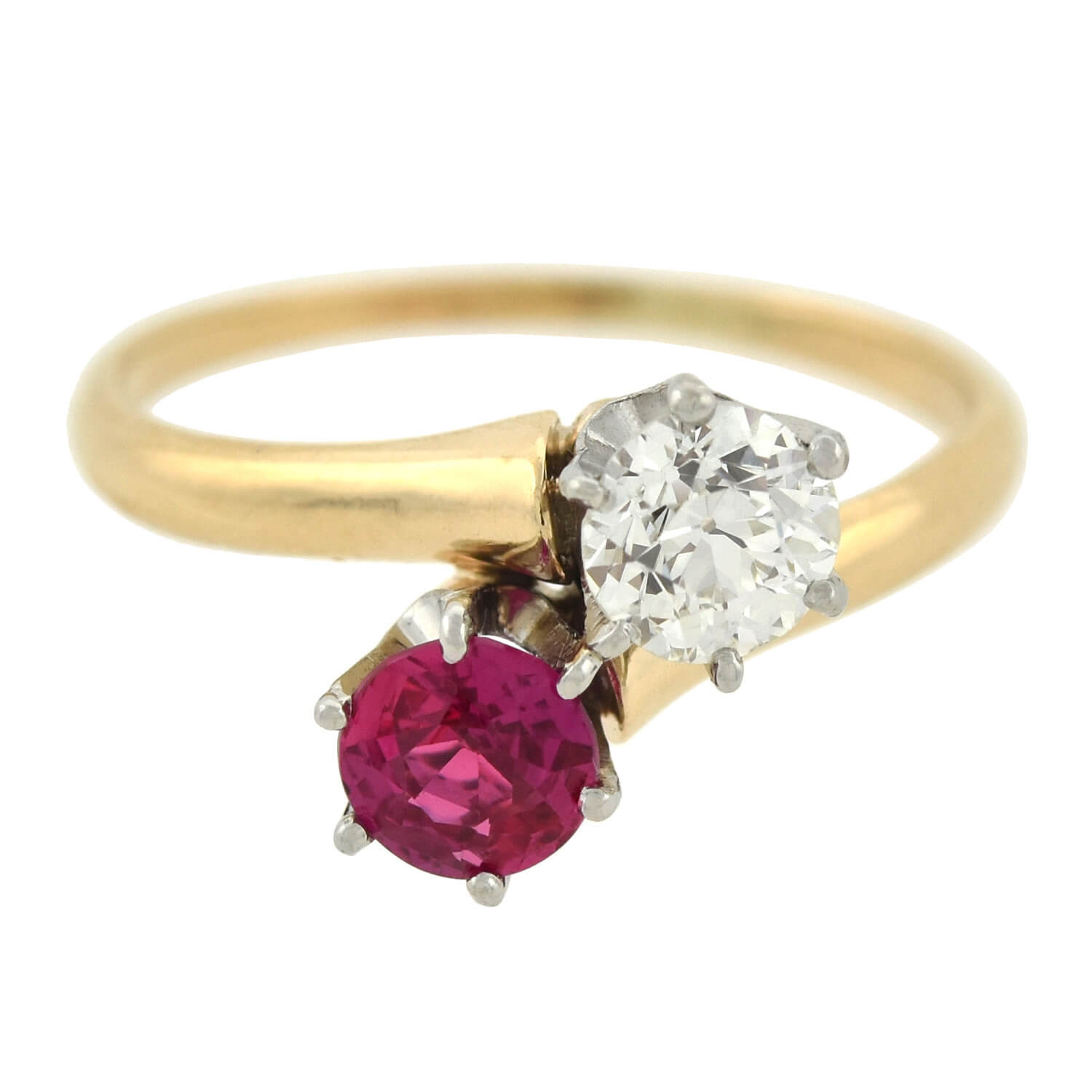 Edwardian 14kt/Platinum "Moi et Toi" Diamond + Ruby Sapphire Bypass Ring