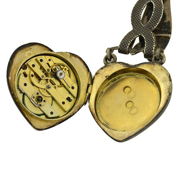 Victorian Huge Sterling & Niello Chatelaine Heart Watch Pendant