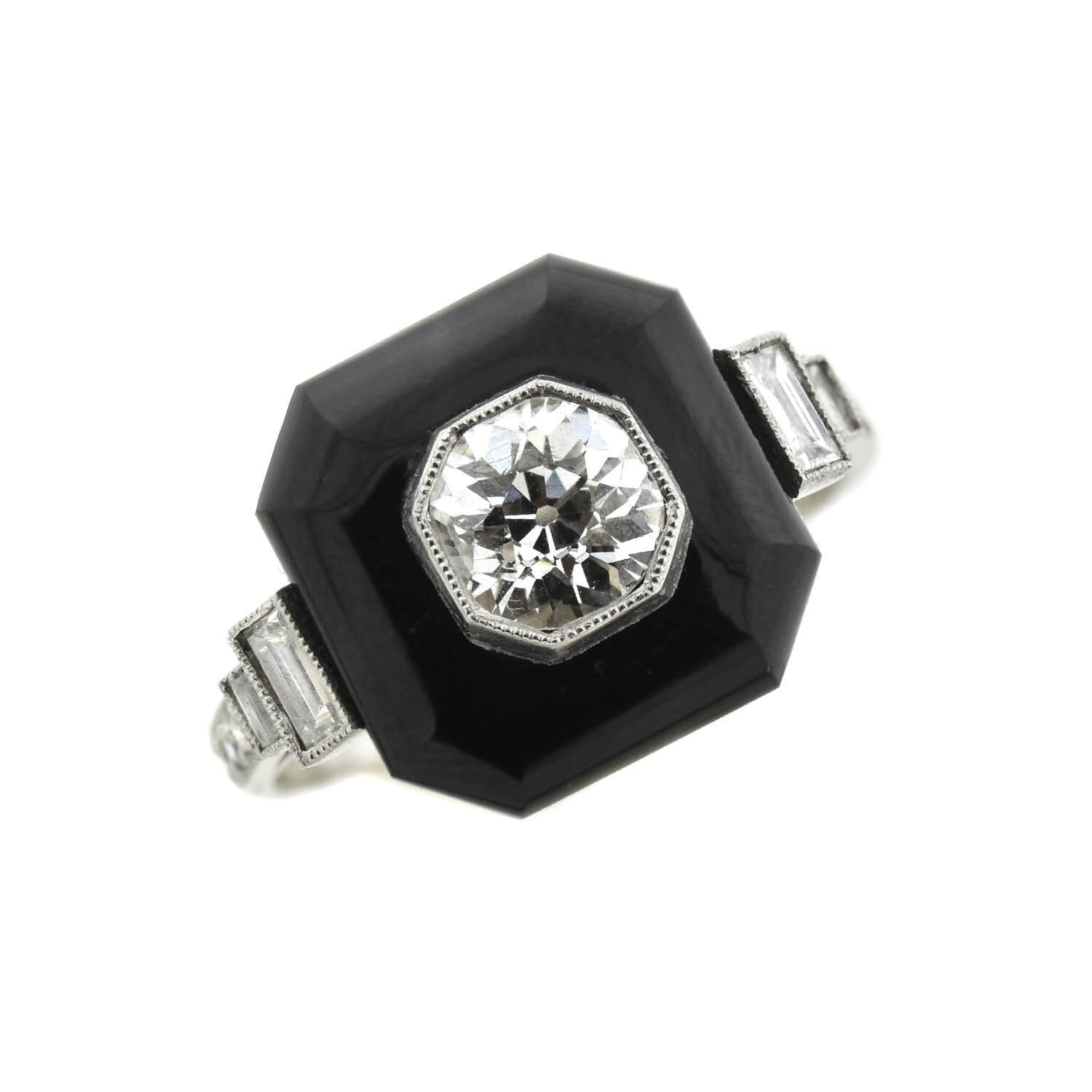 Art Deco Platinum Onyx + Diamond Ring