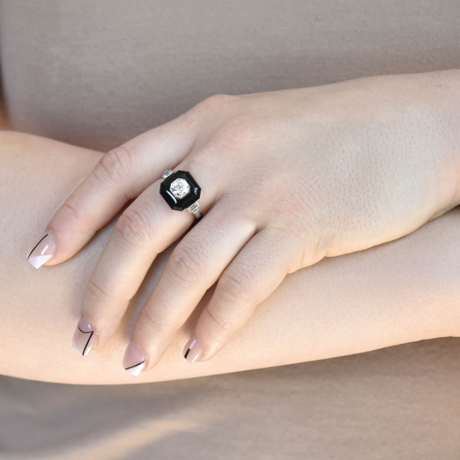 Art Deco Platinum Onyx + Diamond Ring