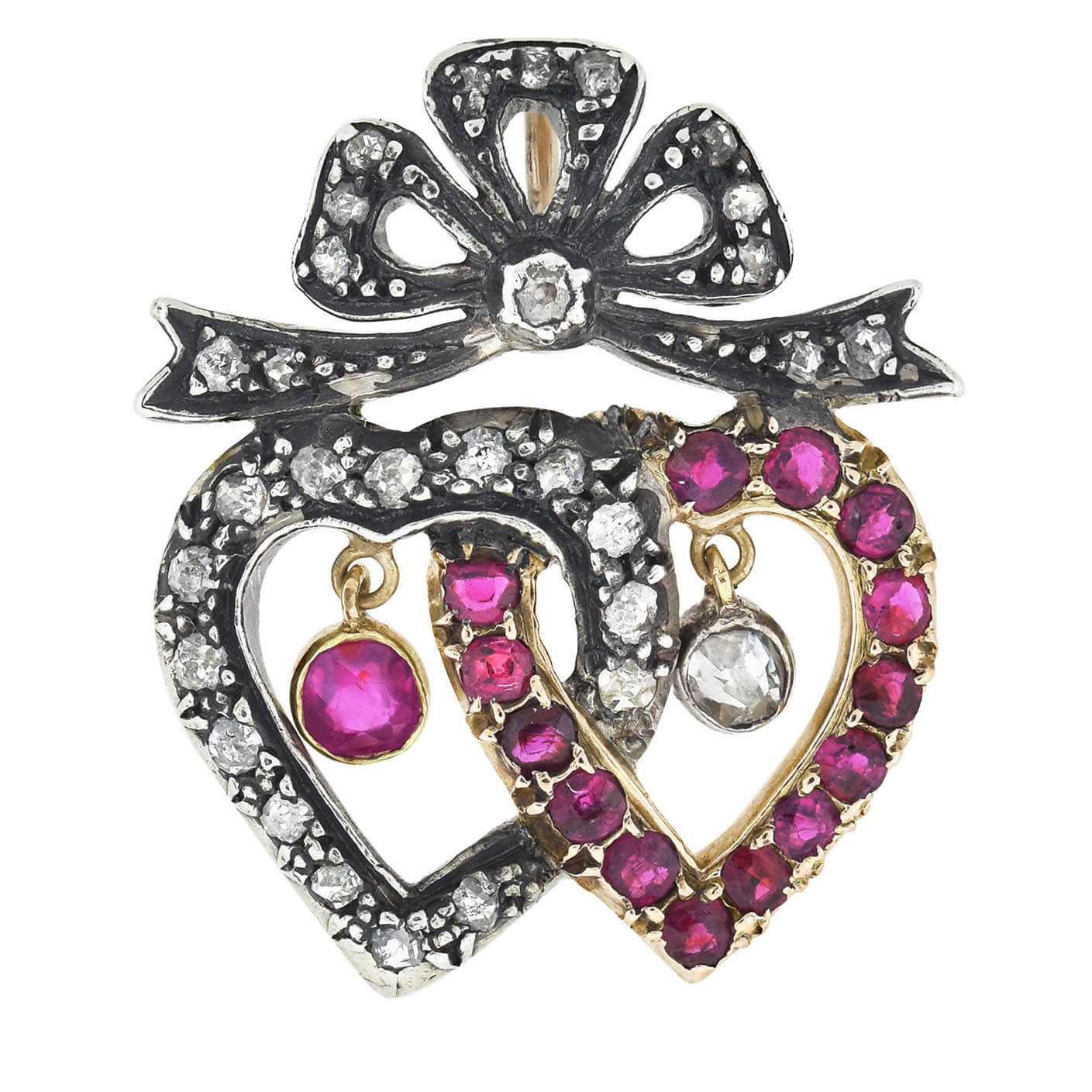 Victorian 14kt/Sterling Ruby + Diamond Double Heart Pendant