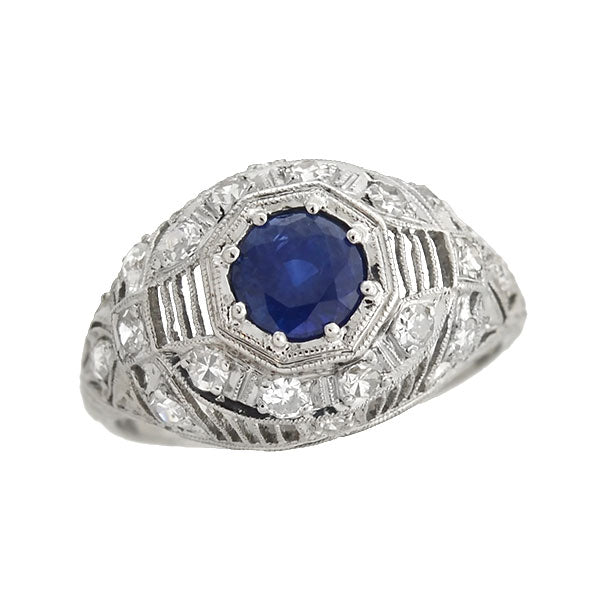 Art Deco Platinum Sapphire & Diamond Filigree Ring .91ct