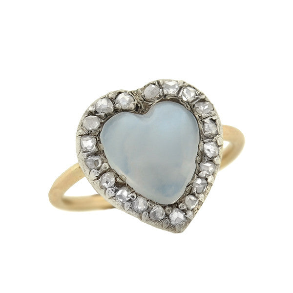 Victorian 14kt/Silver Moonstone Diamond Heart-Shaped Cluster Ring