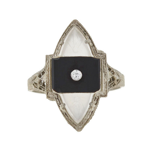 Art Deco 14kt Rock Quartz, Onyx & Diamond Filigree Navette Ring