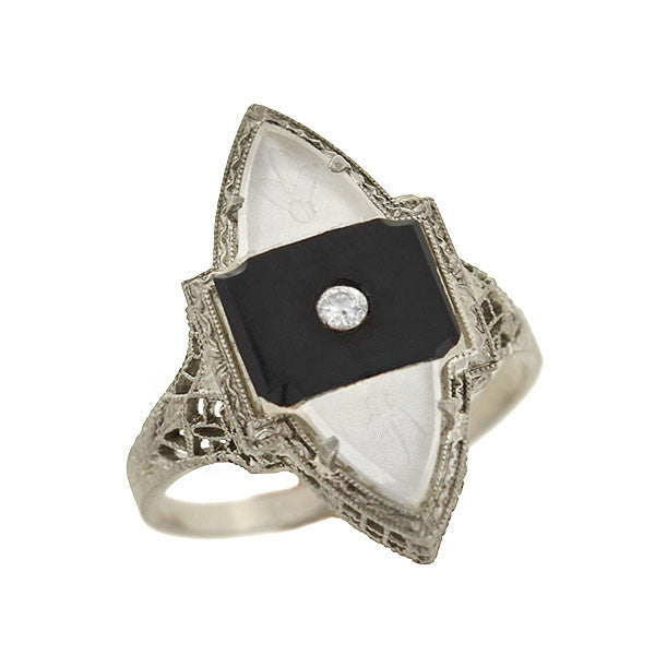 Art Deco 14kt Rock Quartz, Onyx & Diamond Filigree Navette Ring