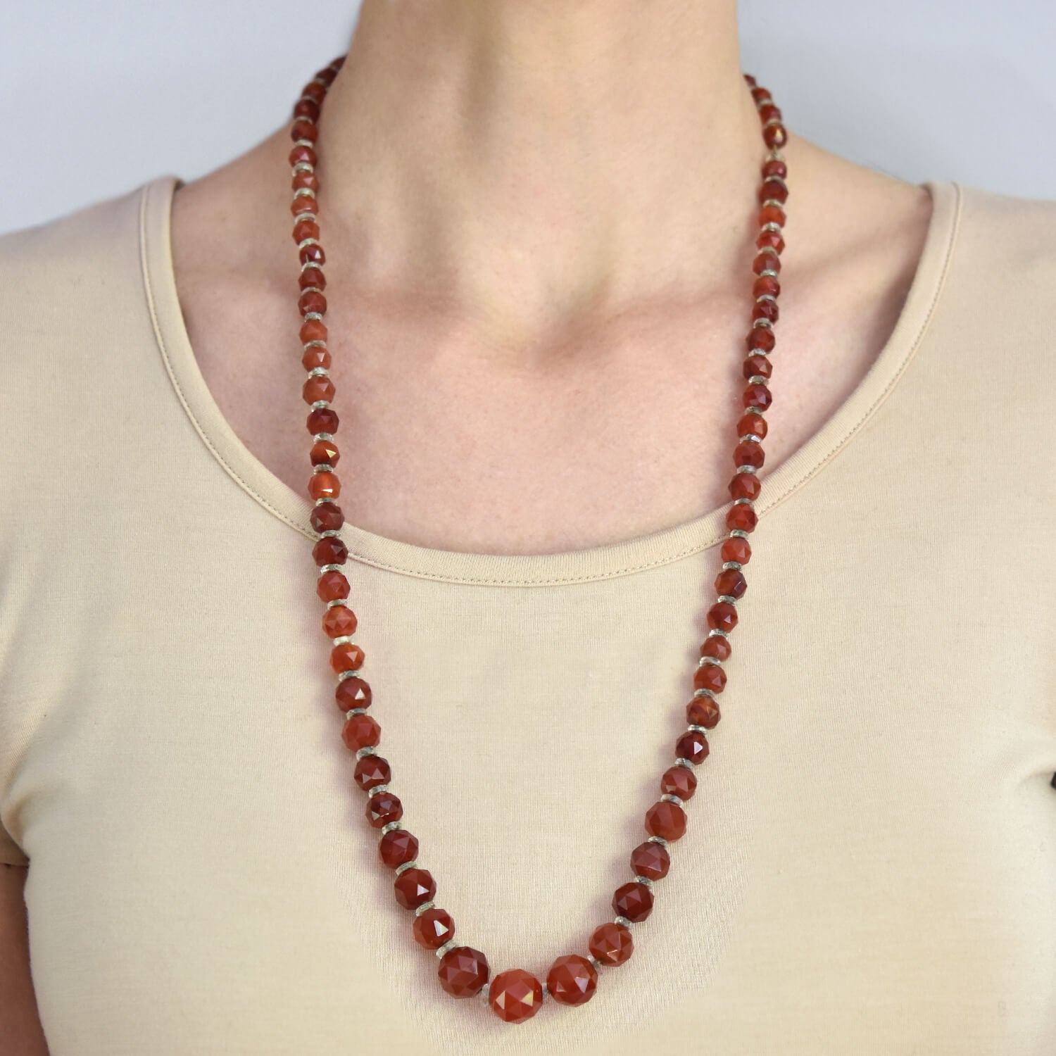 Art Deco Faceted Carnelian + Rock Crystal Graduated Bead Necklace 28.5"