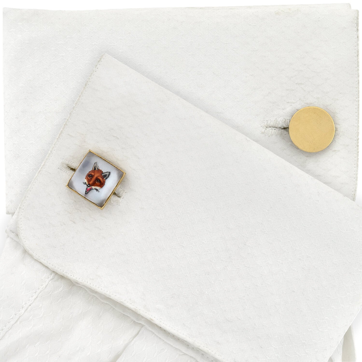 Retro 14kt Painted Reverse Carved Rock Crystal Fox Cufflinks