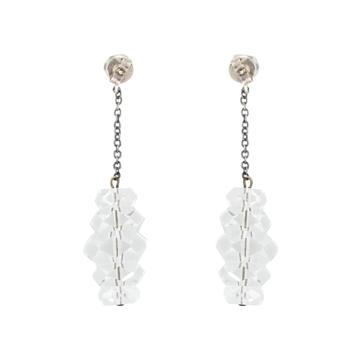 Retro Sterling + Rock Quartz Crystal Rondelle Dangle Earrings