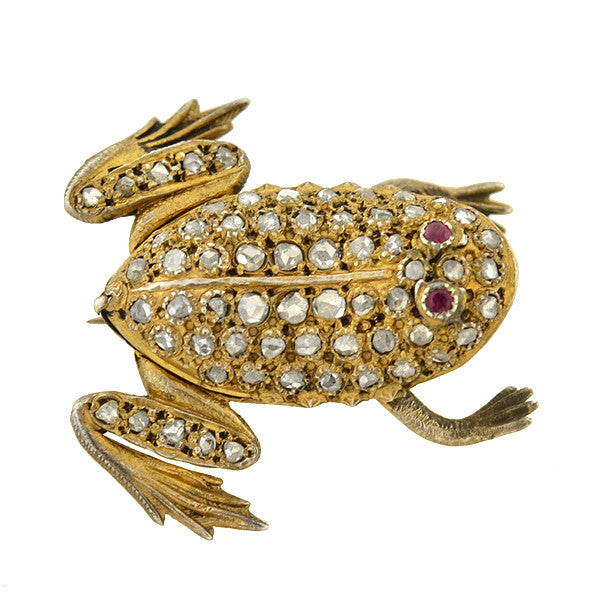 Late Victorian Silver Gilt Rose Cut Diamond & Ruby Frog Pin