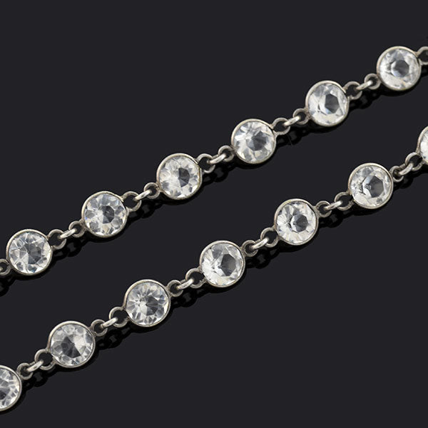 Art Deco Long Silver-Plated Crystal Chain Necklace 58"