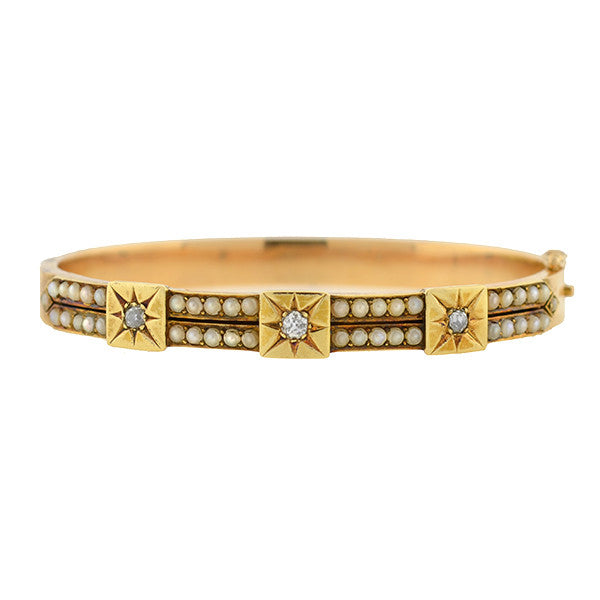 Victorian 14kt Diamond Starburst & Seed Pearl Bracelet