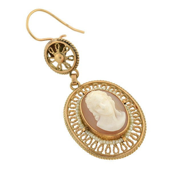 Victorian 14kt Shell Cameo & Seed Pearl Wirework Earrings