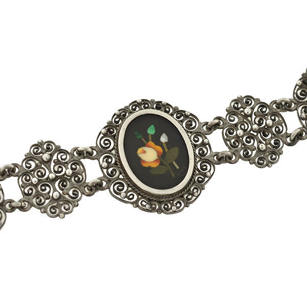 Victorian Silver Pietra Dura Floral Filigree Link Bracelet