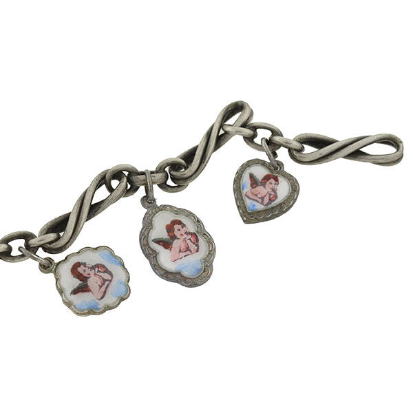 Victorian Silver & Enamel Cherub Charm Bracelet