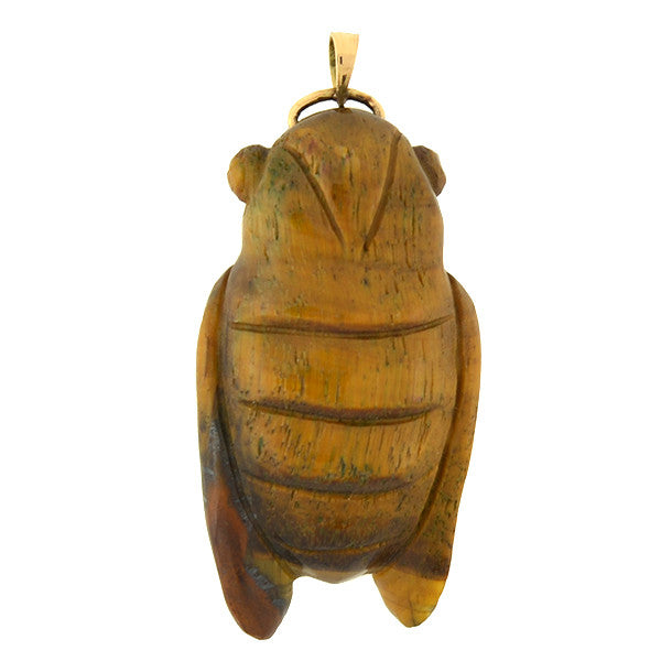 Vintage 14kt Carved Tiger's Eye Cicada Pendant