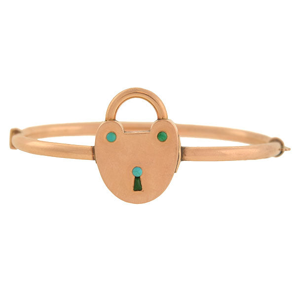 Victorian 14kt Rose Gold & Turquoise Padlock Bangle Bracelet