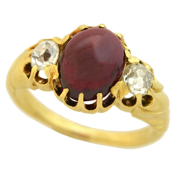 Victorian 15kt Cabochon Garnet + Diamond Ring 0.80ct center