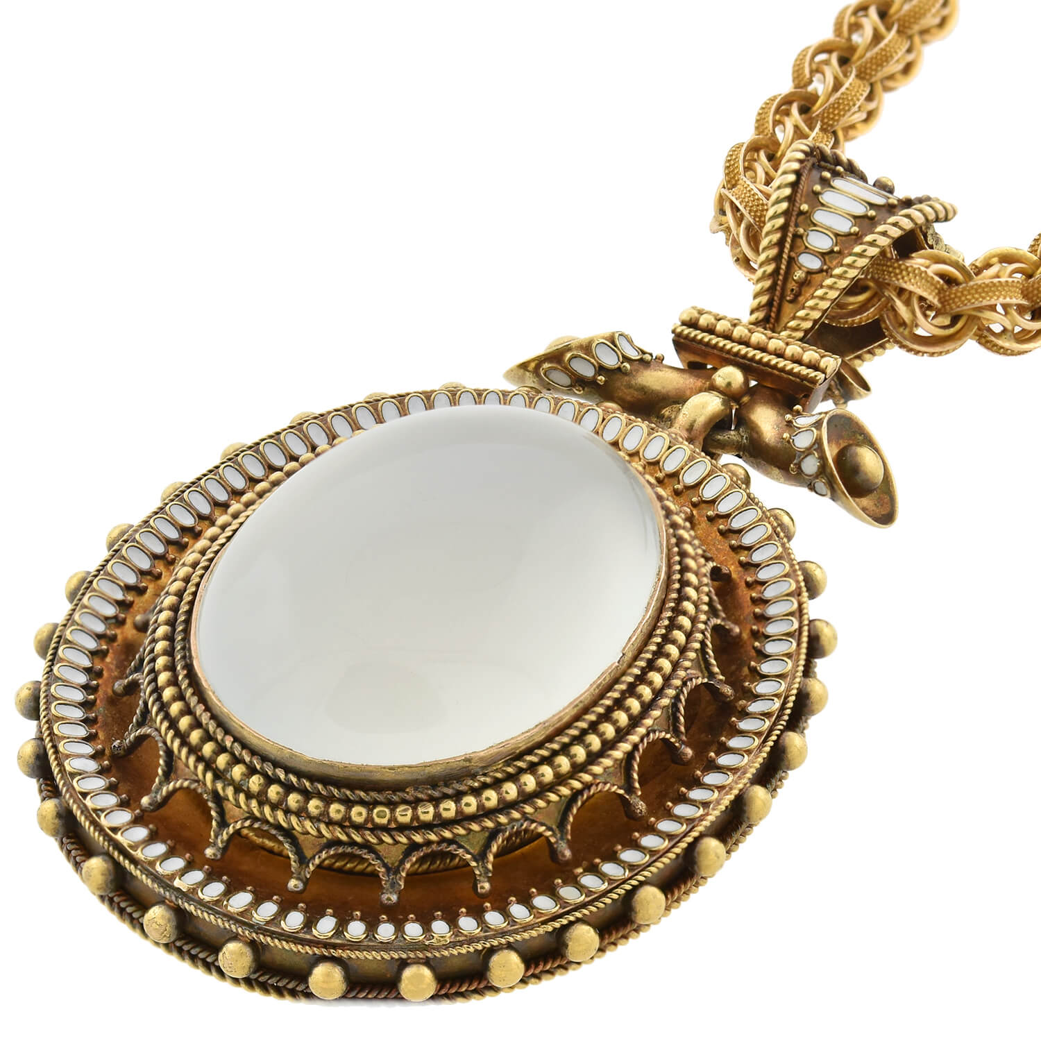 Victorian Large 18kt Enameled + Moonstone Pendant Necklace