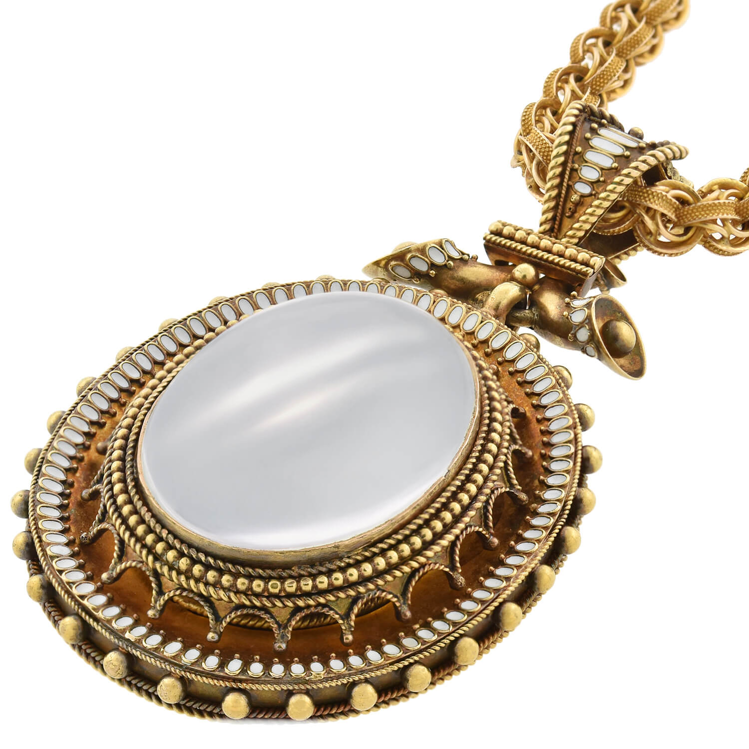 Victorian Large 18kt Enameled + Moonstone Pendant Necklace