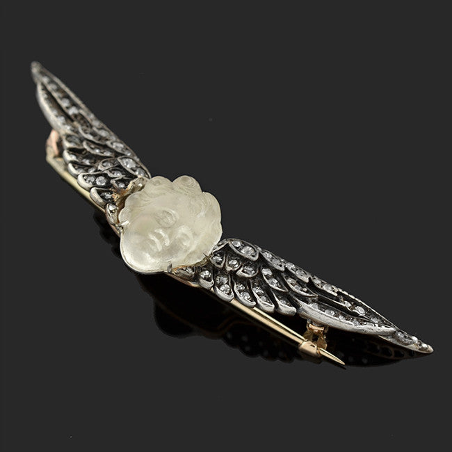 Victorian 14kt/Sterling Carved Art Glass & Diamond Winged Cherub Pin