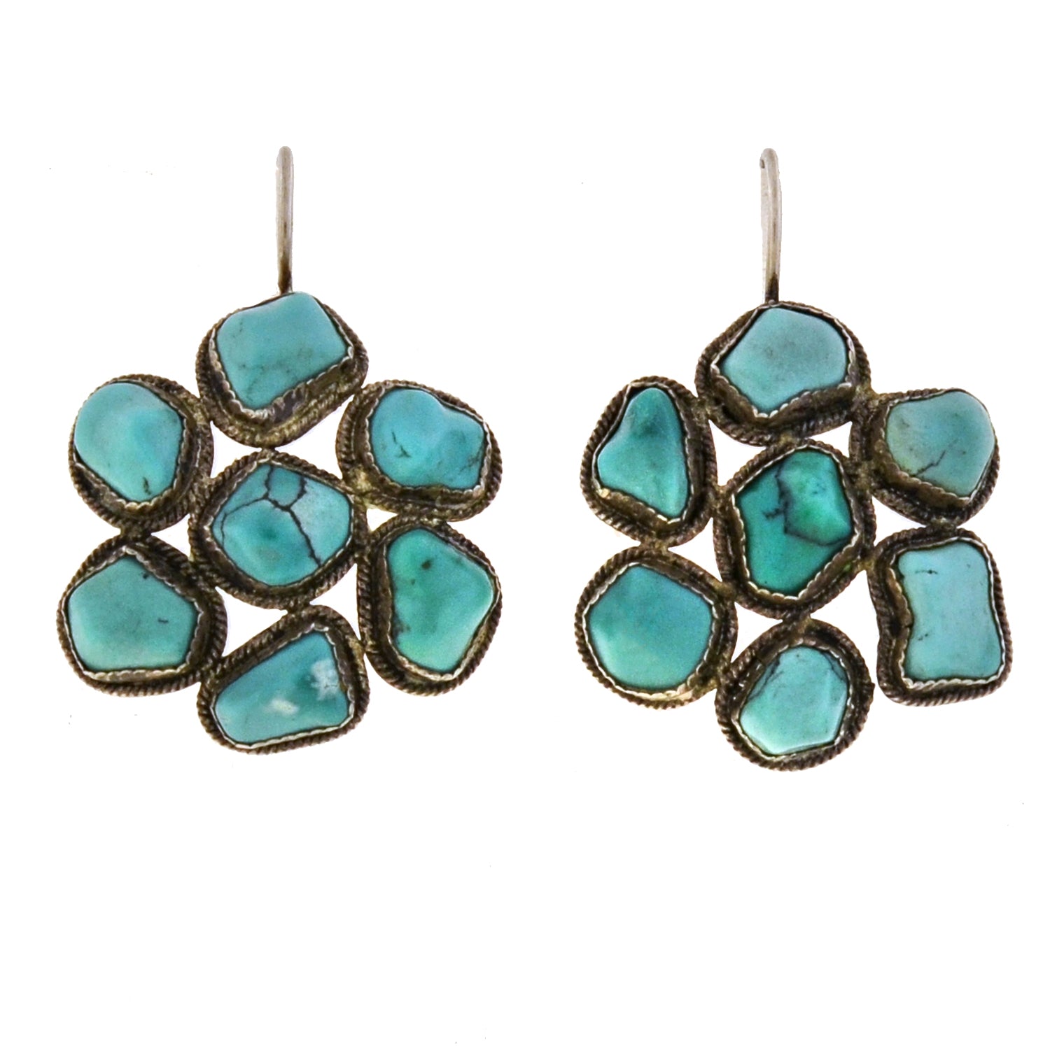 Art Deco Chinese Sterling + Turquoise Cluster Earrings