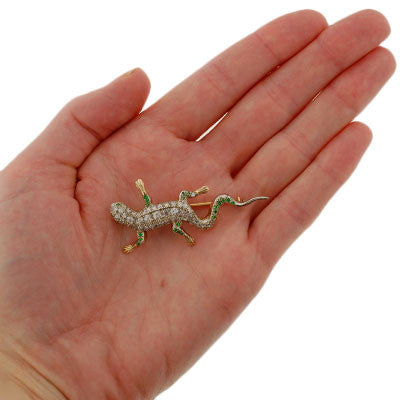 Edwardian 14kt Diamond & Demantoid Garnet Lizard Pin