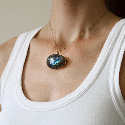 Brilliant blue discount & gold carved Labradorite pendant