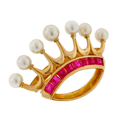 Early Retro 14kt Yellow Gold Ruby & Pearl Crown Pin