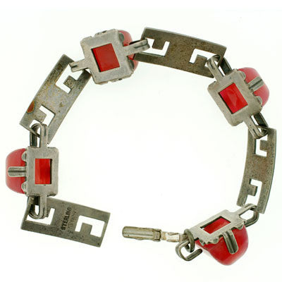 Art Deco Sterling Carnelian & Enamel Bracelet