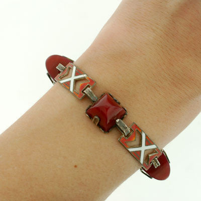 Art Deco Sterling Enamel & Carnelian Bracelet