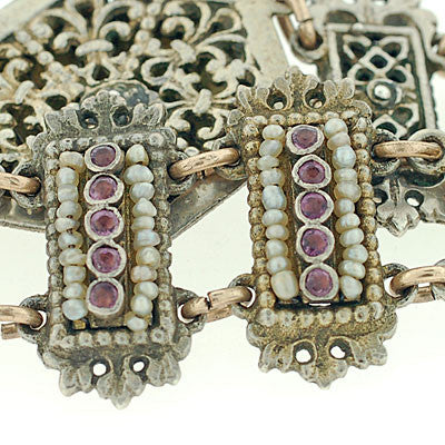 Arts & Crafts Hungarian Sterling Pink Sapphire & Pearl Bracelet