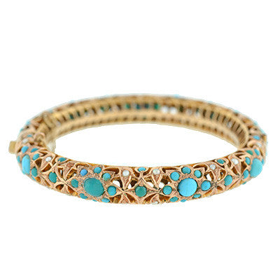 zz Vintage 14kt Indian Turquoise & Pearl Bangle Bracelet