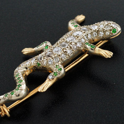 Edwardian 14kt Diamond & Demantoid Garnet Lizard Pin