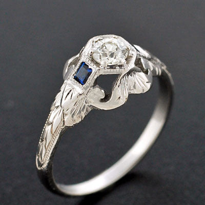 Art Deco Platinum Diamond & Sapphire Engagement Ring .24ct