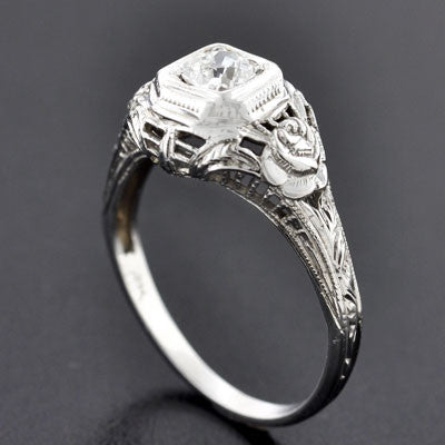 Art Deco 18kt Rose Motif Diamond Engagement Ring .35ct