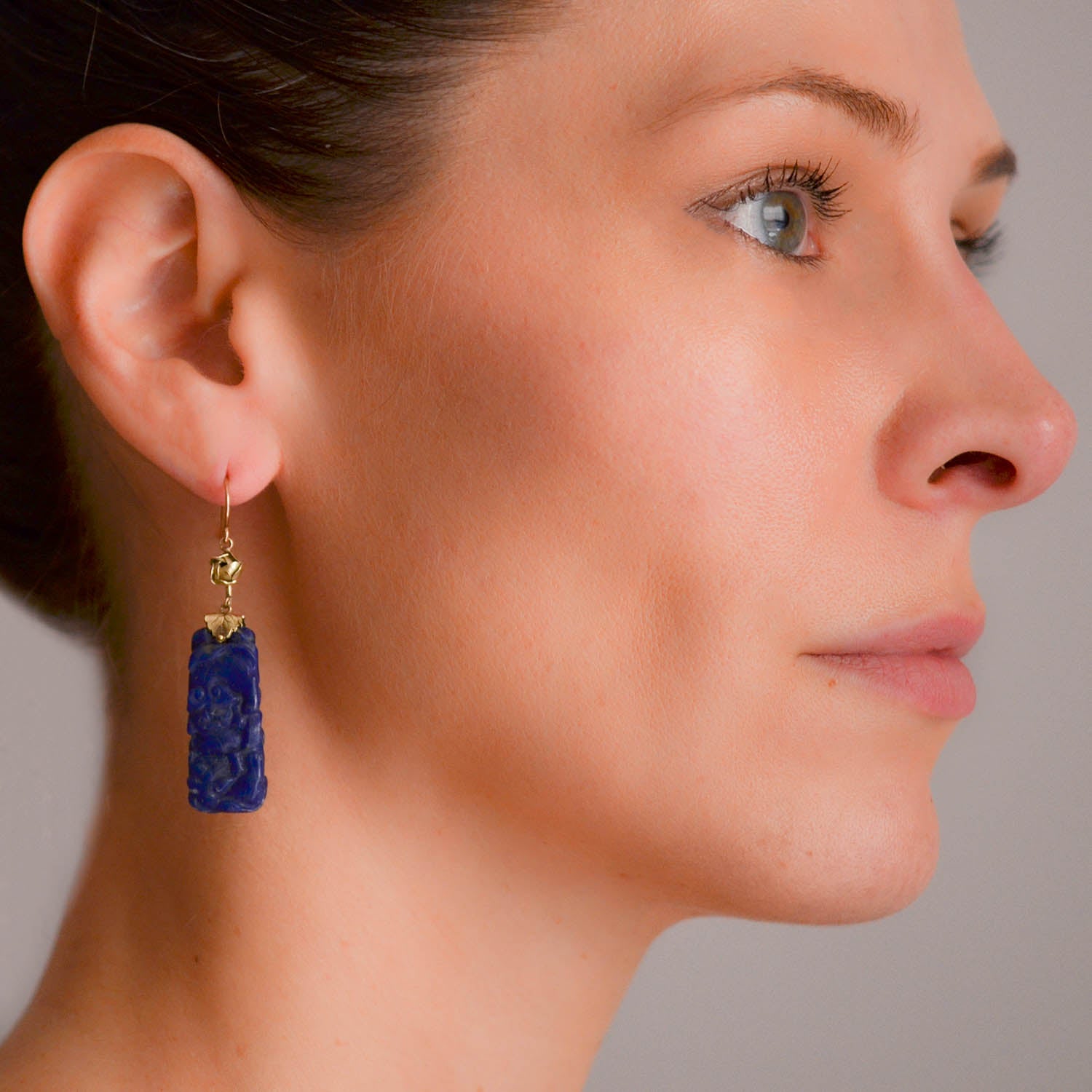 Late Art Deco Chinese 14kt Carved Sodalite Earrings